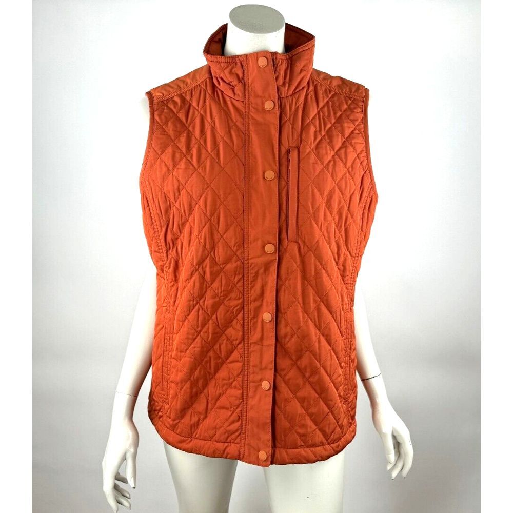 Orvis Diamond Quilted Vest Women L EUC Full Zip Pockets Sleeveless Jacket Orange